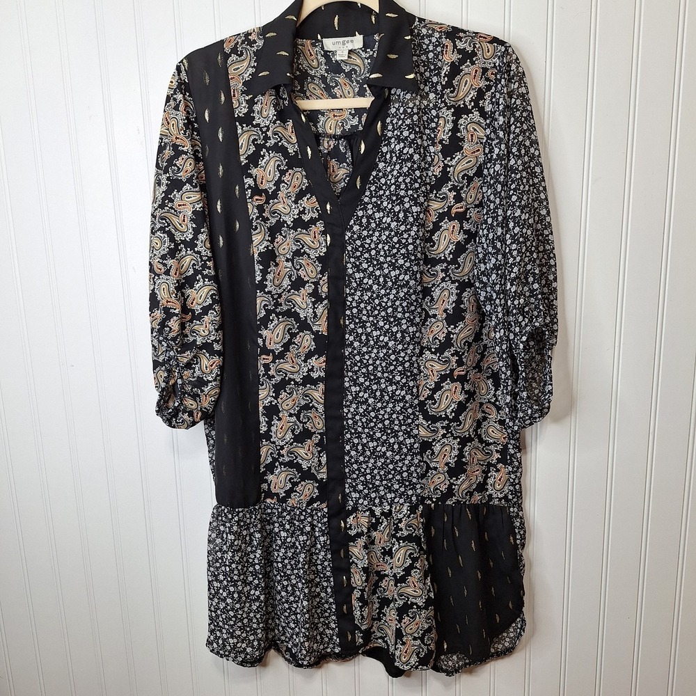 Umgee Womens Sz Small Metallic Abstract Patchwork Sheer Popover Tunic Top Blouse